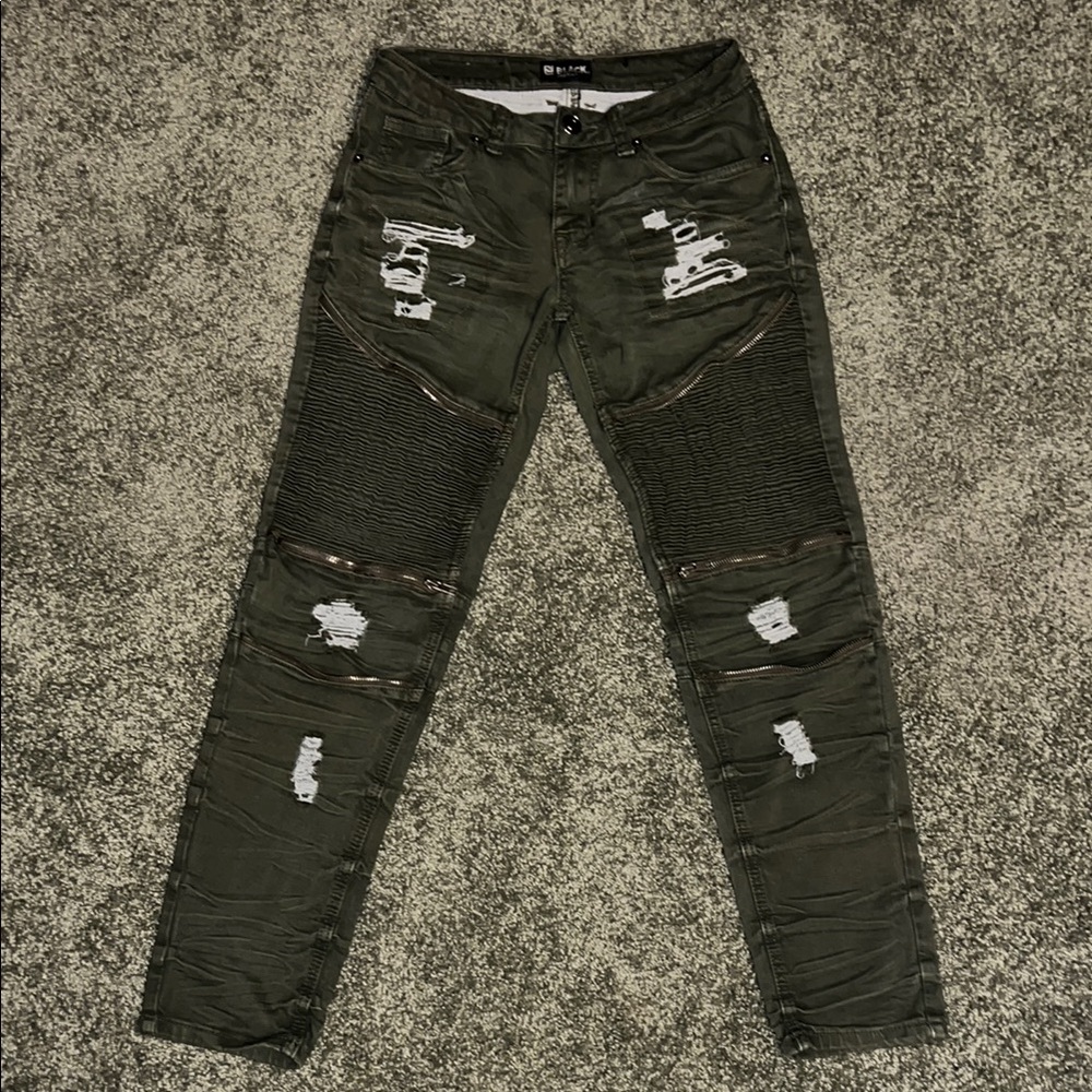 Black Premium Skinny Flex Men’s Pants 26x30 Army Green Distressed Ribbed Zipper